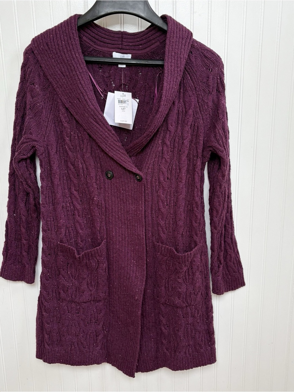 J. Jill Cable Knit Shawl Collar Cardigan Sweater Rum Raisin Petite Medium NEW